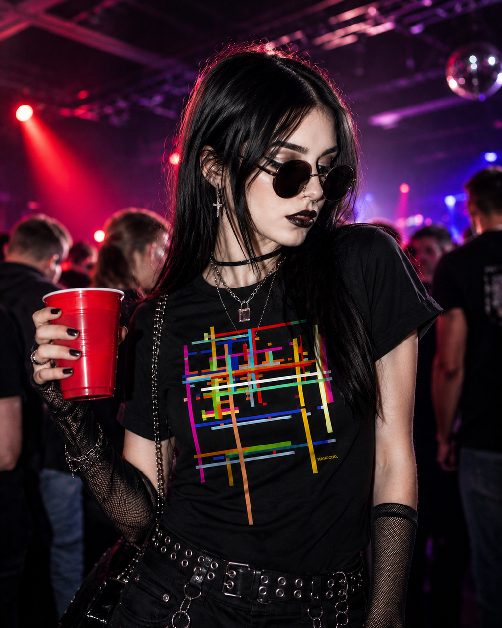MANGCHO Basic T-shirt featuring a black goth-inspired design, worn by a female model at a party, casual and stylish.
