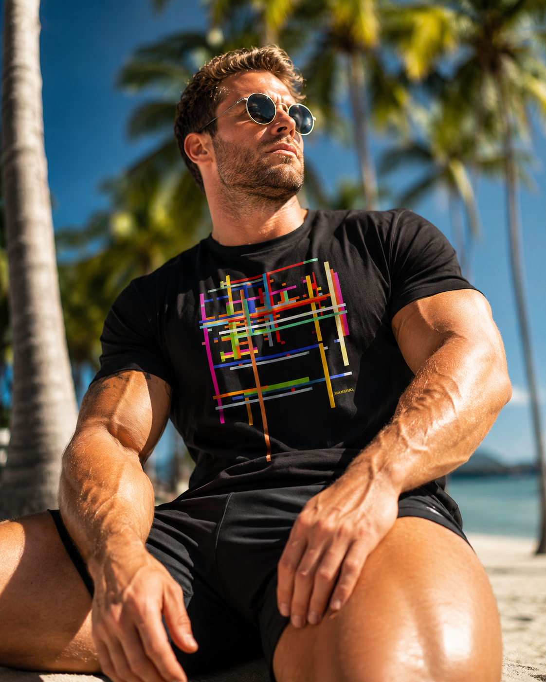 Male bodybuilder wearing a MANGCHO Basic T-shirt, showcasing a muscular build and casual fit.