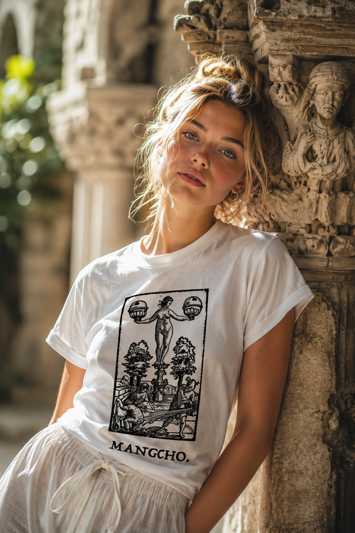 MANGCHO Bell Bathers T-shirt displayed on a model, featuring a casual fit with graphic print and short sleeves.