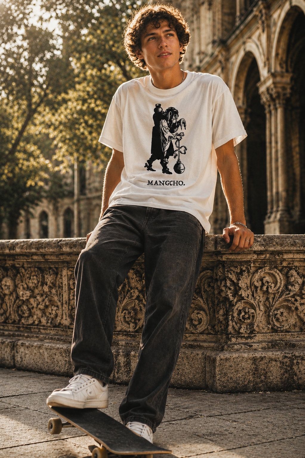 MANGCHO Bellsmith T-shirt featuring a skater graphic in black and white design on soft cotton fabric.