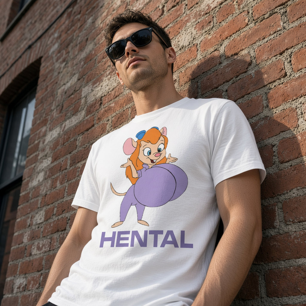 MANGCHO HENTAL Mouse Girl T-shirt displayed on a wall with gadgets and decor in the background.