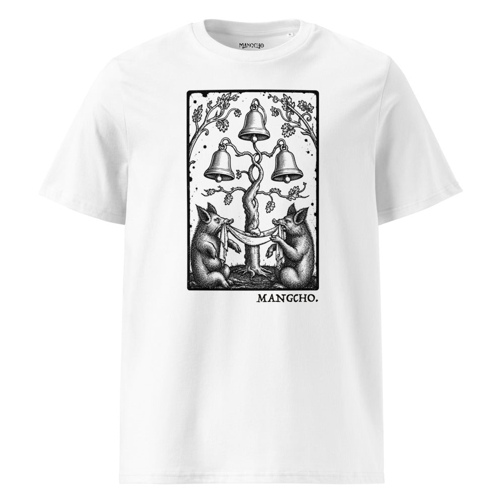 White unisex "War Pigs" T-shirt by MANGCHO featuring a ribbed neck and graphic design on the front.