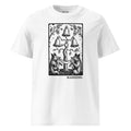 White unisex "War Pigs" T-shirt by MANGCHO featuring a ribbed neck and graphic design on the front.